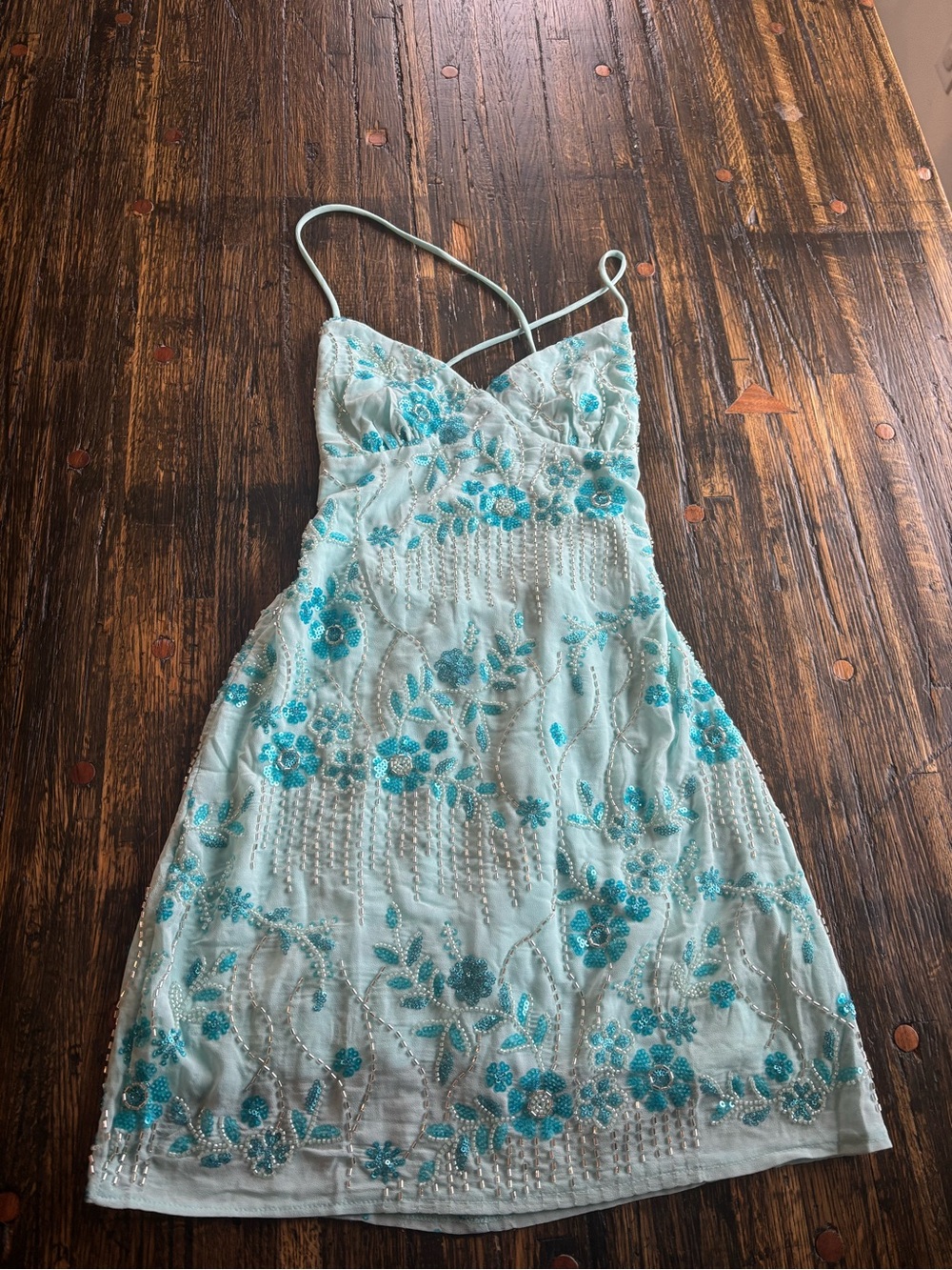 Light Blue Floral Embellished Spaghetti Strap Dress